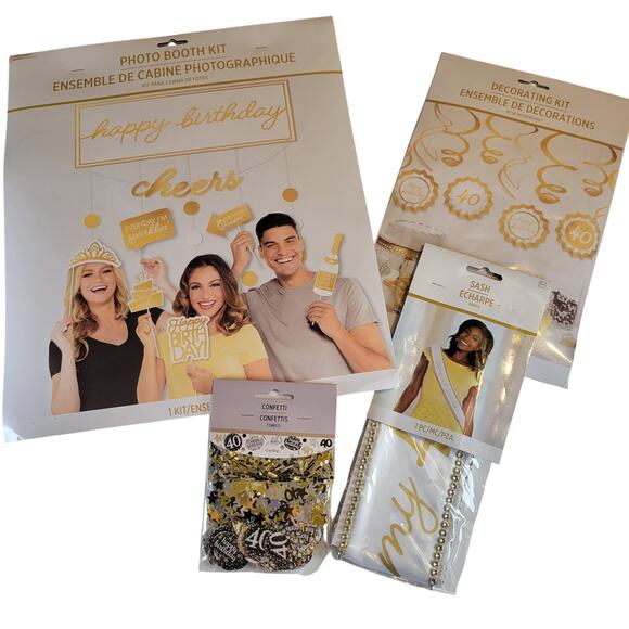 Gold & White 40th Birthday Party Kit - Photo Booth, Decor, Sash & Confetti - Picture 1 of 16